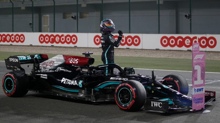 Mercedes driver Lewis Hamilton of Britain reacts after qualifying session qualifying session in Lusail, Qatar, Saturday, Nov. 20, 2021 ahead of the Qatar Formula One Grand Prix. (Hamad I Mohammed/AP)