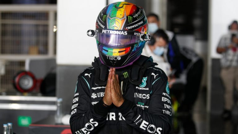 Mercedes driver Lewis Hamilton of Britain reacts after qualifying session qualifying session in Lusail, Qatar, Saturday, Nov. 20, 2021 ahead of the Qatar Formula One Grand Prix. (Hamad I Mohammed/Pool via AP)