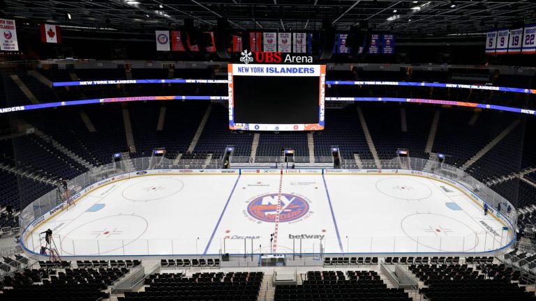 The new UBS Arena sits empty before the first New York Islanders NHL hockey game against the Calgary Flames. (Adam Hunger/AP)