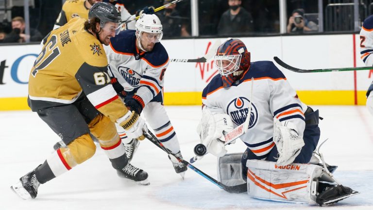 Vegas Golden Knights right wing Mark Stone (61) attempts to get a rebound shot past Edmonton Oilers goaltender Mikko Koskinen (19) during the second period of an NHL hockey game Saturday, Nov. 27, 2021, in Las Vegas. (Chase Stevens/AP)