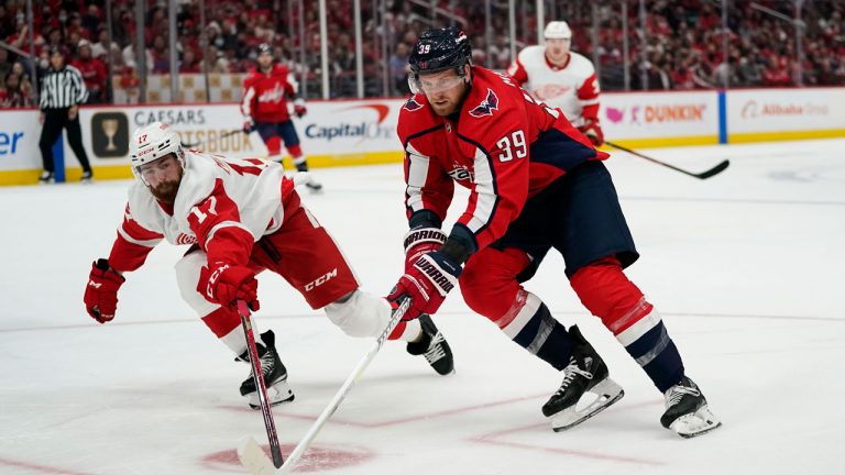 Detroit Red Wings defenceman Filip Hronek (17) defends against Washington Capitals right wing Anthony Mantha (39) in the second period of an NHL hockey game. (Alex Brandon/AP) 