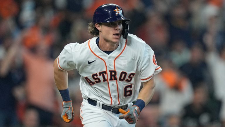 Houston Astros' Jake Meyers watches his RBI single to score Yordan Alvarez during the second inning in Game 1 of a baseball American League Division Series against the Chicago White Sox Thursday, Oct. 7, 2021, in Houston. (David J. Phillip/AP)