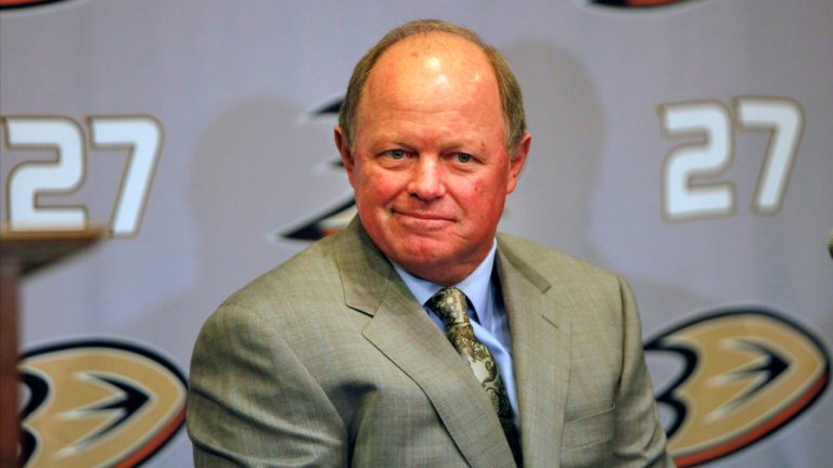 Anaheim Ducks executive vice president and general manager Bob Murray listens during an NHL hockey news conference at the Honda Center in Anaheim, Calif., on June 22, 2010. The Ducks have placed Murray on leave Tuesday, Nov. 9, 2021, amid an ongoing investigation into his conduct. The team did not specify the behaviour Murray is accused of. (Damian Dovarganes, File/AP) 