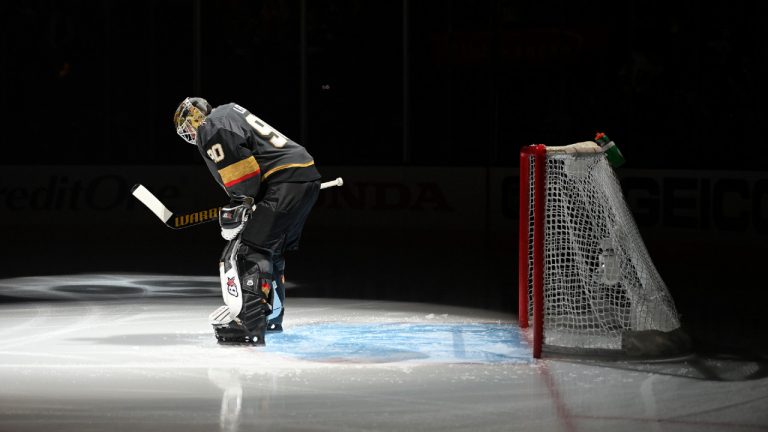 Vegas Golden Knights goaltender Robin Lehner is introduced before the team's NHL hockey game against the St. Louis Blues on Wednesday, Oct. 20, 2021, in Las Vegas. (David Becker/AP) 