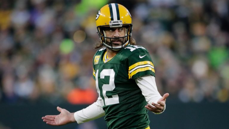 Green Bay Packers' Aaron Rodgers reacts after an incomplete pass during the first half of an NFL football game against the Seattle Seahawks Sunday, Nov. 14, 2021, in Green Bay, Wis. (Aaron Gash/AP Photo) 
