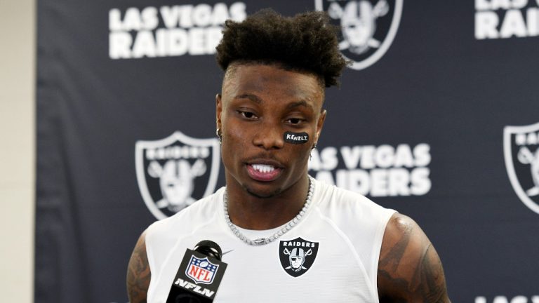 Las Vegas Raiders wide receiver Henry Ruggs III (11) meets with the media following an NFL football game against the Pittsburgh Steelers in Pittsburgh, Sunday, Sept. 19, 2021. (Don Wright/AP Photo) 
