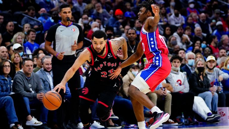 Toronto Raptors' Fred VanVleet, left, tries to get past Philadelphia 76ers' Tyrese Maxey during the first half of an NBA basketball game, Thursday, Nov. 11, 2021, in Philadelphia. (Matt Slocum/AP)