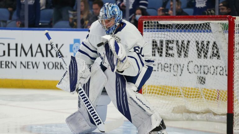 Toronto Maple Leafs goaltender Joseph Woll (60) warms up before the team's NHL hockey game against the Buffalo Sabres on Saturday, Nov. 13, 2021, in Buffalo, N.Y. (Joshua Bessex/AP Photo) 
