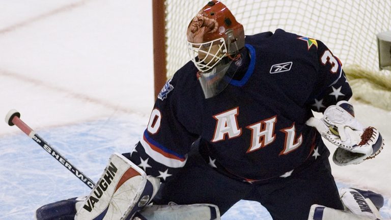 Team PlanetUSA goalie Jaroslav Halak makes a save during first period action in the AHL All star Classic in Toronto, Monday Jan. 29, 2007. (Adrian Wyld/CP) 