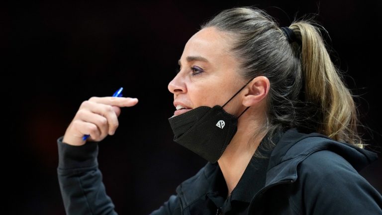 San Antonio Spurs assistant coach Becky Hammon directs players during the second half of the team's NBA basketball game against the Denver Nuggets on Friday, Oct. 22, 2021, in Denver. The Nuggets won 102-96 (David Zalubowski/AP).