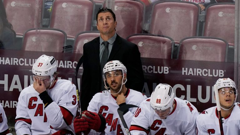 Carolina Hurricanes head coach Rod Brind'Amour looks up during the third period at an NHL hockey game against the Florida Panthers, Saturday, Nov. 6, 2021, in Sunrise, Fla. The Panthers defeated the Hurricanes 5-2. (Marta Lavandier/AP Photo) 
