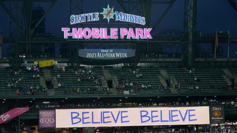 "Believe" signs are shown on a video display at T-Mobile Park during a baseball game between the Seattle Mariners and the Oakland Athletics, Wednesday, Sept. 29, 2021, in Seattle. Fans and the team adopted the one-word slogan that was recently featured on the TV series "Ted Lasso".as the Mariners battled for a spot in the MLB playoffs. (Ted S. Warren/AP) 