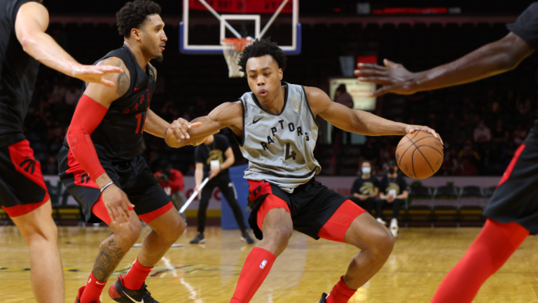 Toronto Raptors' Scottie Barnes controls the ball during a NBA team scrimmage in London, Ont., Saturday, Oct. 2, 2021. (CP/file)