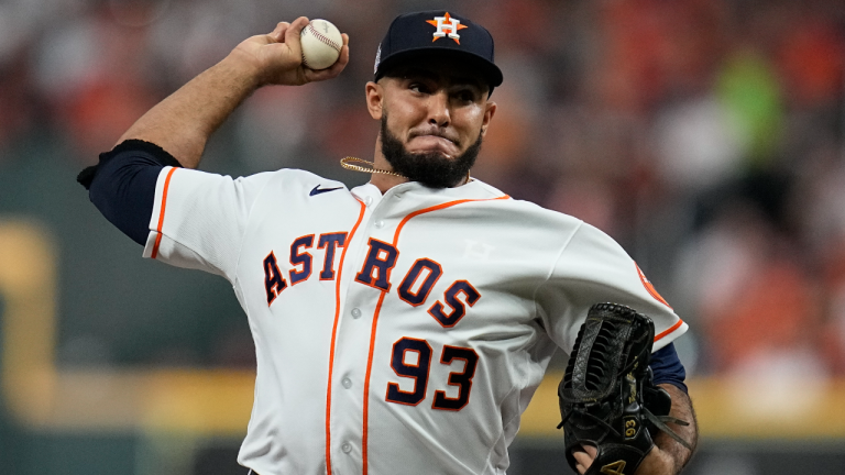 Houston Astros relief pitcher and new Blue Jay Yimi Garcia throws during the third inning of Game 1 in the World Series on Oct. 26. (AP)