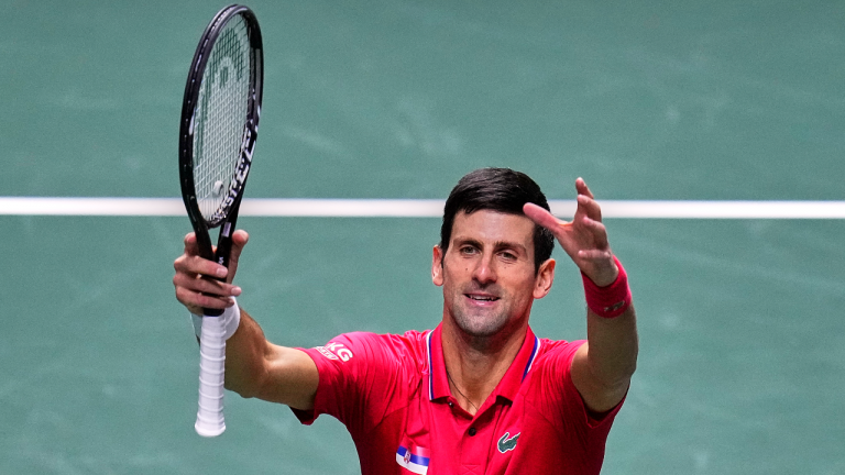 Serbia's Novak Djokovic beat Kazakhstan's Alexander Bublik in a Davis Cup quarter-final match at the Madrid Arena stadium in Madrid, Spain on Wednesday. (AP) 