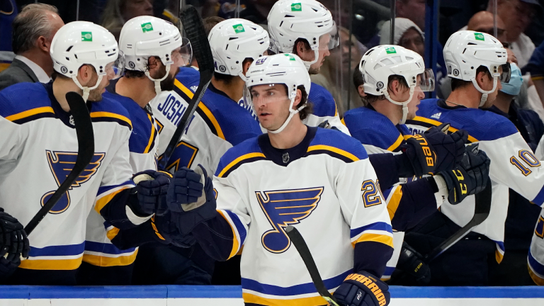 St. Louis Blues left wing Brandon Saad celebrates with the bench after scoring against the Tampa Bay Lightning on Dec. 2. (AP/file)