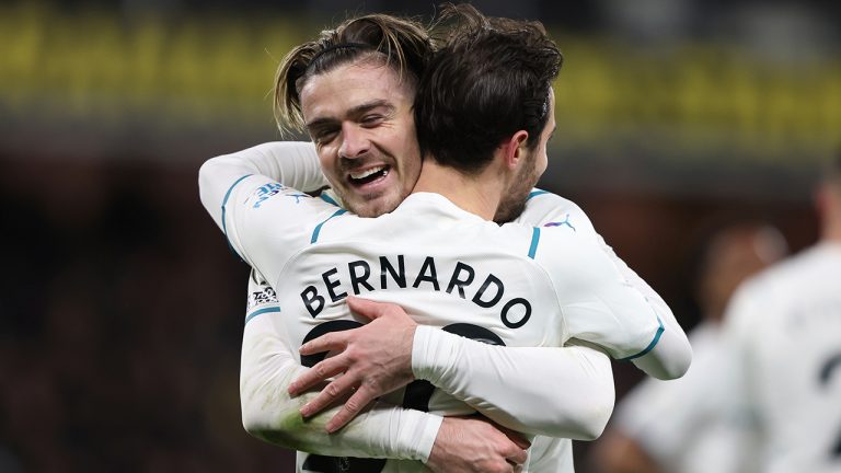 Manchester City's Bernardo Silva celebrates after scoring his side's third goal during the English Premier League soccer match between Watford and Manchester City at the Vicarage Road Stadium in Watford, England, Saturday, Dec. 4, 2021. (Ian Walton/AP)