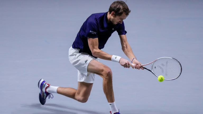 Russian Tennis Federation's Daniil Medvedev returns the ball to Croatia's Marin Cilic during their Davis Cup tennis finals at Madrid Arena in Madrid, Spain on Sunday. (AP) 