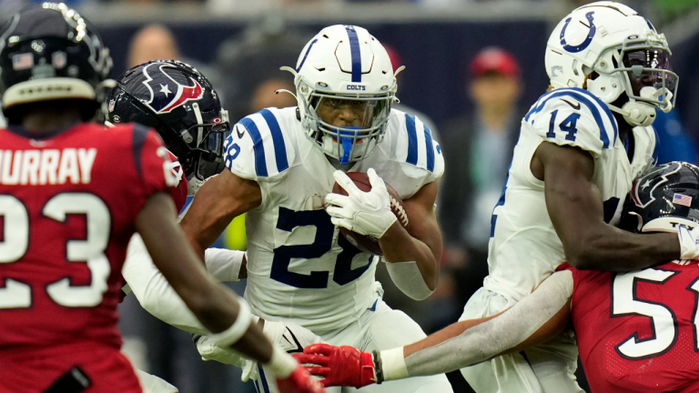 Indianapolis Colts running back Jonathan Taylor (28) runs against the Houston Texans on Sunday. (AP)