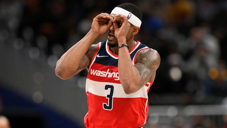 Washington Wizards guard Bradley Beal (3) reacts after he scored a basket during the second half of an NBA basketball game against the Cleveland Cavaliers, Thursday, Dec. 30, 2021, in Washington. The Wizards won 110-93. (Nick Wass/AP)