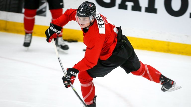 Cole Perfetti takes a shot during a practice at the Canadian World Junior Hockey Championships selection camp in Calgary, Thursday, Dec. 9, 2021. (Jeff McIntosh/CP)