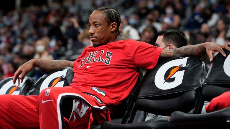 Chicago Bulls forward DeMar DeRozan waits for the start of an NBA basketball game against the Denver Nuggets, Friday, Nov. 19, 2021, in Denver. (David Zalubowski/AP) 