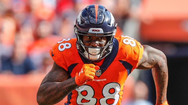 In this Sept. 16, 2018, file photo, then-Denver Broncos wide receiver Demaryius Thomas (88) runs against the Oakland Raiders during the second half of an NFL football game, in Denver. (AP Photo)