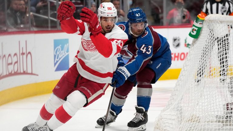 Detroit Red Wings center Joe Veleno, front, celebrates after scoring a goal as Colorado Avalanche left wing Darren Helm looks on in the second period of an NHL hockey game Friday, Dec. 10, 2021, in Denver. (David Zalubowski/AP)