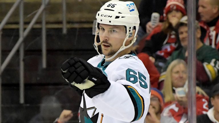 San Jose Sharks defenceman Erik Karlsson (65) reacts after scoring a goal. (Bill Kostroun/AP) 