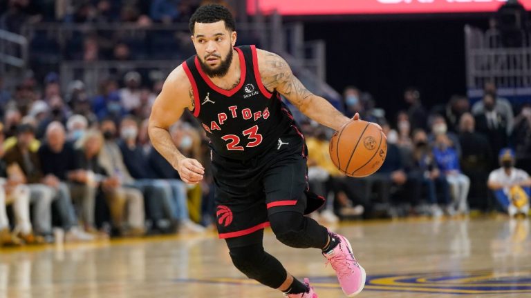 Toronto Raptors guard Fred VanVleet (23) dribbles up the court (Jeff Chiu/AP).
