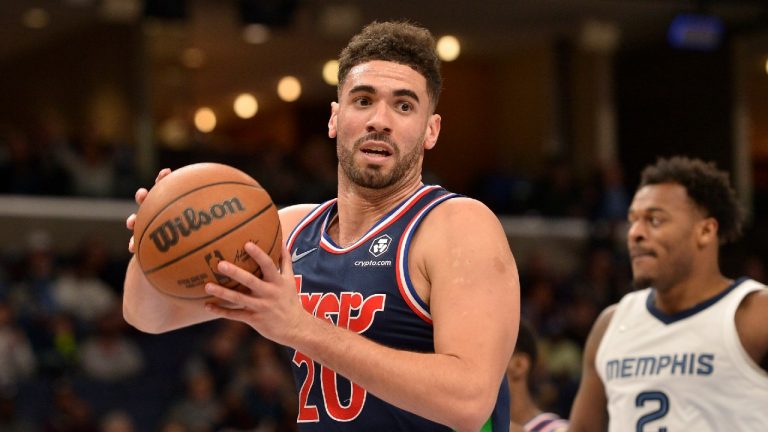 Philadelphia 76ers forward Georges Niang (20) reacts in the second half of an NBA basketball game against the Memphis Grizzlies, Monday, Dec. 13, 2021, in Memphis, Tenn. (Brandon Dill/AP) 