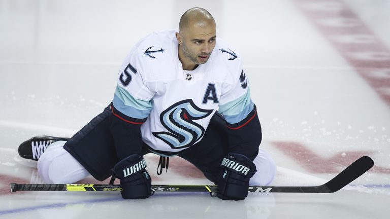 Seattle Kraken's Mark Giordano skates during warmup. (Jeff McIntosh/CP)