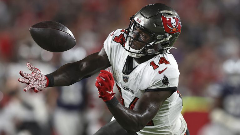 Tampa Bay Buccaneers wide receiver Chris Godwin (14) can't hang onto a pass from quarterback Tom Brady during the second half of an NFL football game. (Mark LoMoglio/AP)