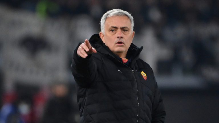 Roma's coach Jose Mourinho gestures during the Serie A soccer match between Roma and Spezia. (Alfredo Falcone/LaPresse via AP)