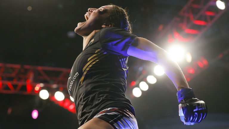 Julianna Pena reacts after defeating Amanda Nunes by submission in a women's bantamweight mixed martial arts title bout at UFC 269. (Chase Stevens/AP)