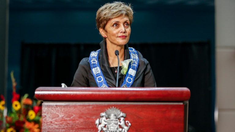 Jyoti Gondek speaks to the media after being sworn-in as the new mayor of Calgary in Calgary, Alta., Monday, Oct. 25, 2021. (Jeff McIntosh/CP)