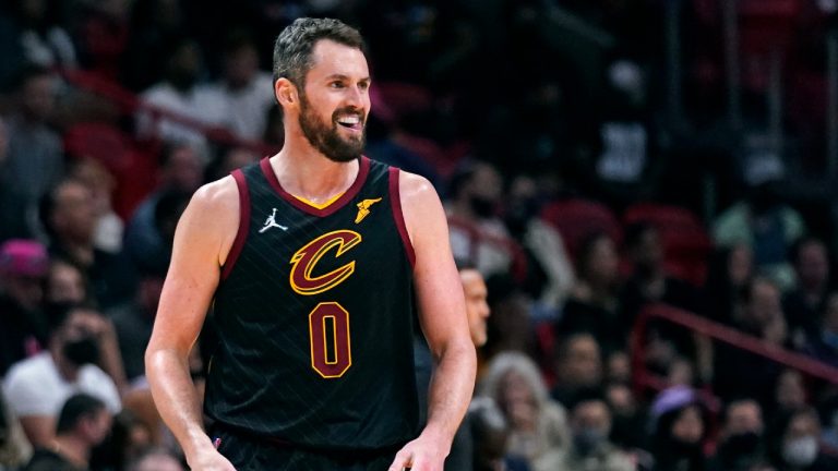 Cleveland Cavaliers forward Kevin Love smiles after a play during the second half of an NBA basketball game against the Miami Heat, Wednesday, Dec. 1, 2021, in Miami. Love, a five-time NBA All-Star, is being honored by a Boston foundation for his work on and off the court to take the stigma out of mental health struggles. (Wilfredo Lee/AP) 