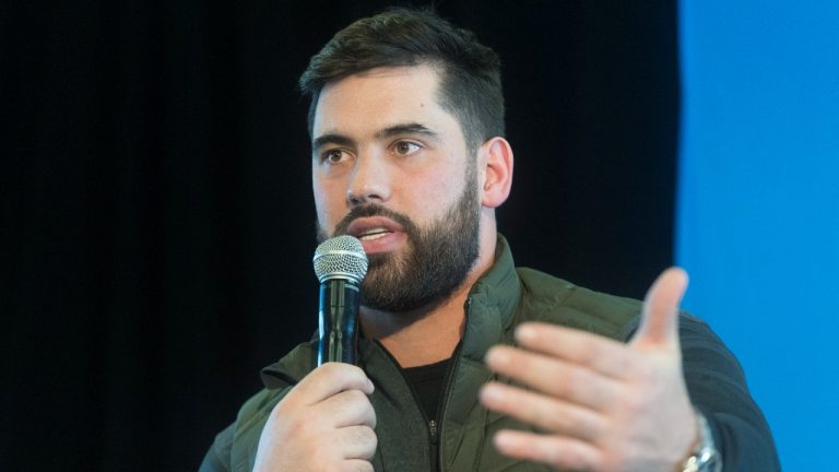 Super Bowl champion and Kansas City Chiefs player Laurent Duvernay-Tardif speaks during a news conference prior to an event to celebrate his win in Montreal, Sunday, February 9, 2020. (Graham Hughes/CP)