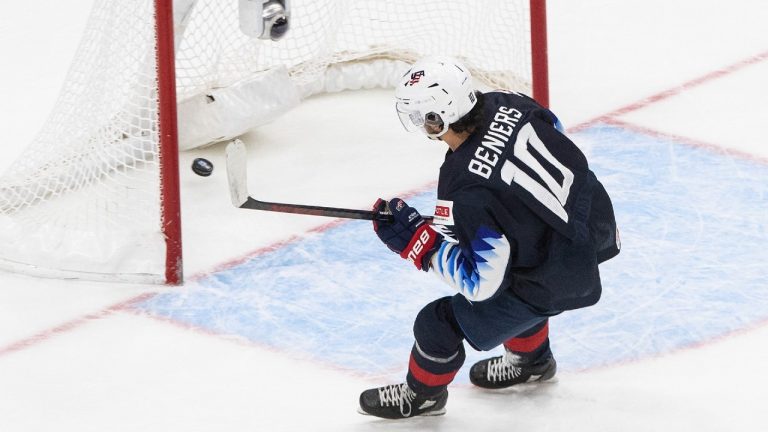 FILE - In this Jan. 2, 2021, file photo, United States' Matthew Beniers (10) scores an empty net goal against Slovakia during the third period of an IIHL World Junior Hockey Championship game in Edmonton, Alberta. Ann Arbor, Michigan, became a must-stop on the scouting trail because of a buzz-worthy Wolverines lineup featuring a trio of highly touted freshmen in defenseman Owen Power, and forwards Kent Johnson and Mathew Beniers. (Jason Franson/CP - AP File) 
