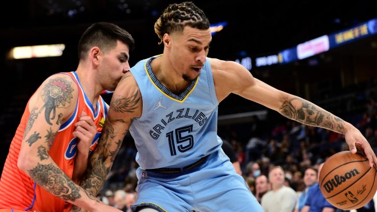 Memphis Grizzlies forward Brandon Clarke (15) is defended by Oklahoma City Thunder forward Gabriel Deck during the second half of an NBA basketball game Thursday, Dec. 2, 2021, in Memphis, Tenn. (Brandon Dill/AP)