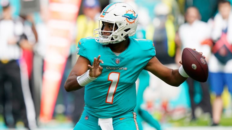 Miami Dolphins quarterback Tua Tagovailoa (1) aims a pass during the first half of an NFL football game against the New York Jets, Sunday, Dec. 19, 2021, in Miami Gardens, Fla. (Wilfredo Lee/AP)