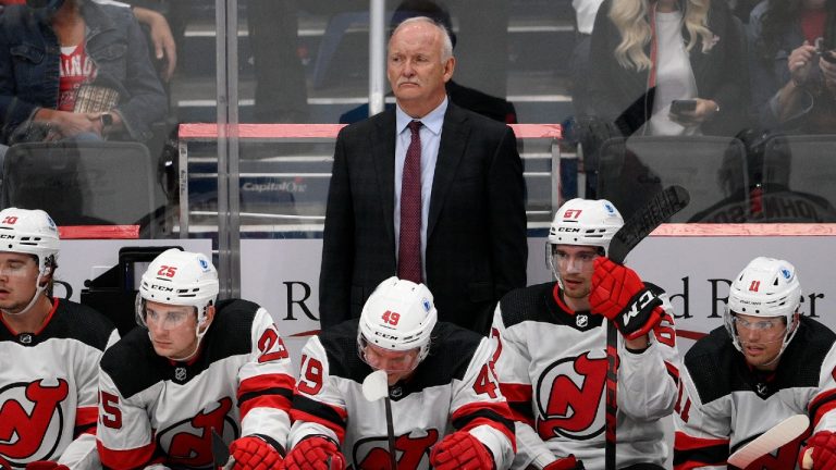 New Jersey Devils head coach Lindy Ruff looks on during the second period of an NHL preseason hockey game against the Washington Capitals, Wednesday, Sept. 29, 2021, in Washington. (Nick Wass/AP)