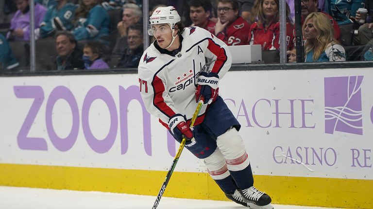 Washington Capitals right wing T.J. Oshie (77) skates with the puck against the San Jose Sharks. (Jeff Chiu/AP)