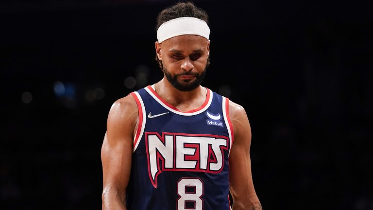 Brooklyn Nets guard Patty Mills reacts during the second half of an NBA basketball game against the Orlando Magic. (Mary Altaffer/AP)