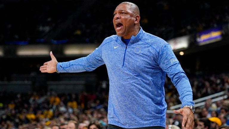 Philadelphia 76ers head coach Doc Rivers questions a call during the second half of an NBA basketball game against the Indiana Pacers in Indianapolis, Saturday, Nov. 13, 2021. The Pacers defeated the 76ers 118-113. (Michael Conroy/AP)