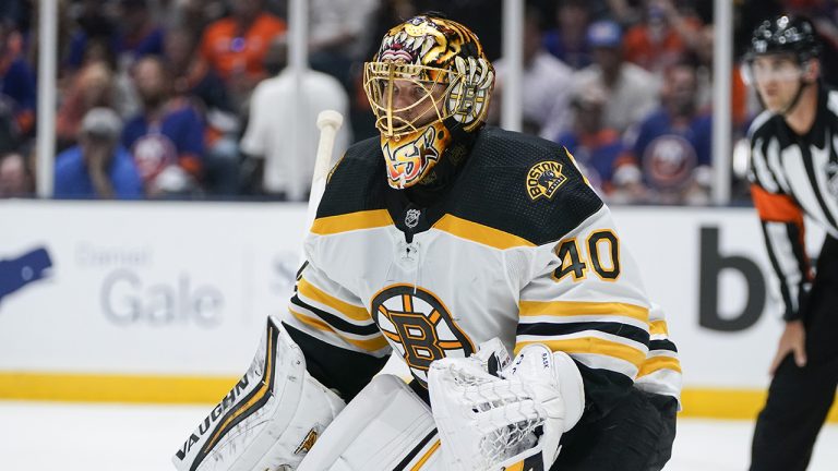 Boston Bruins goaltender Tuukka Rask (40) protects his net during the second period of Game 4 during an NHL hockey second-round playoff series against the New York Islanders. (Frank Franklin II/AP)