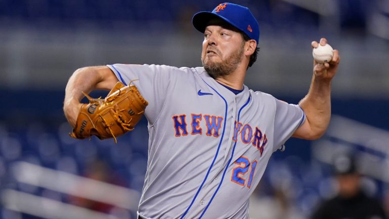 New York Mets' Rich Hill delivers a pitch during the first inning of the team's baseball game against the Miami Marlins, Wednesday, Sept. 8, 2021, in Miami. (Wilfredo Lee/AP)