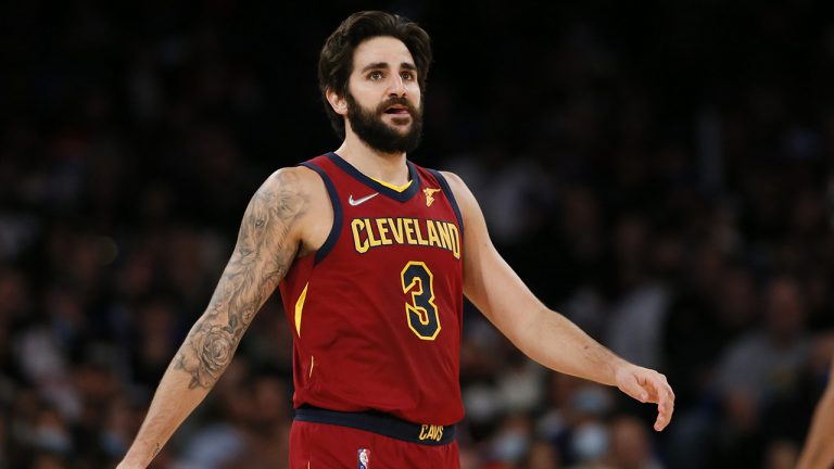 Cleveland Cavaliers guard Ricky Rubio (3) reacts after a foul by the New York Knicks during the second half of an NBA basketball game. (Noah K. Murray/AP)