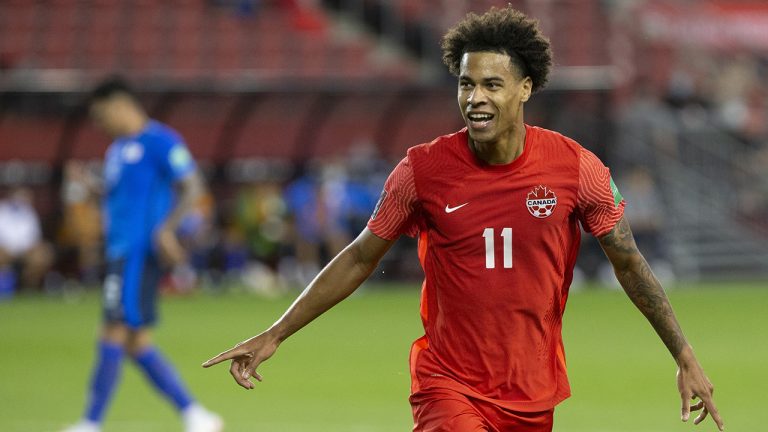 Canada's Tajon Buchanan celebrates scoring his team's third goal against El Salvador during second half World Cup qualifying action in Toronto. (Chris Young/CP)