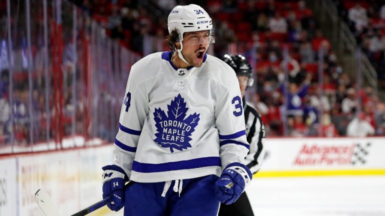 Toronto Maple Leafs' Auston Matthews (34) celebrates his goal. (Karl B DeBlaker/AP)